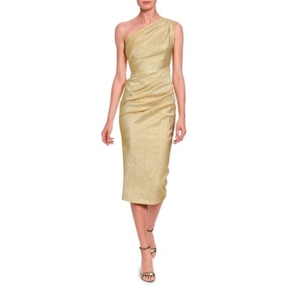 NWT DOLCE & GABBANA One-shoulder Metallic Silk blend Midi Dress Gold 40 S - Picture 2 of 10